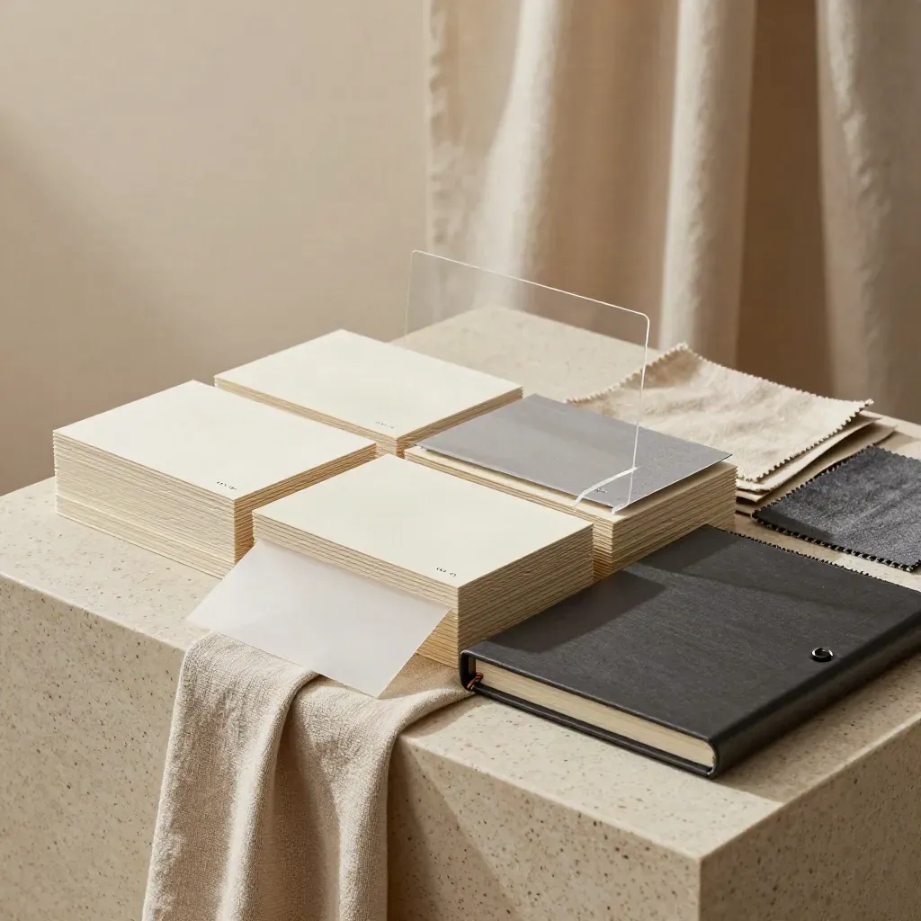 Strategy cards, acetate overlays, swatches and a charcoal binder on travertine.