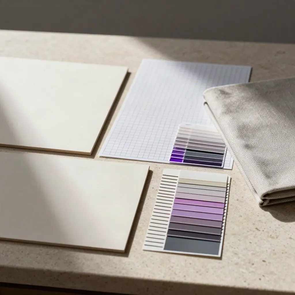 Flatlay of sample boards, grid sheets and swatch folios with proof chips sliding on pale travertine.