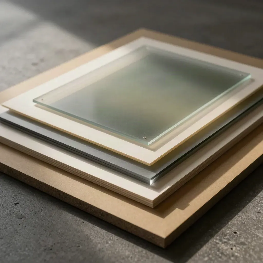Layered frosted acrylic, paper and image tiles staged as a landing page mockup on charcoal concrete.