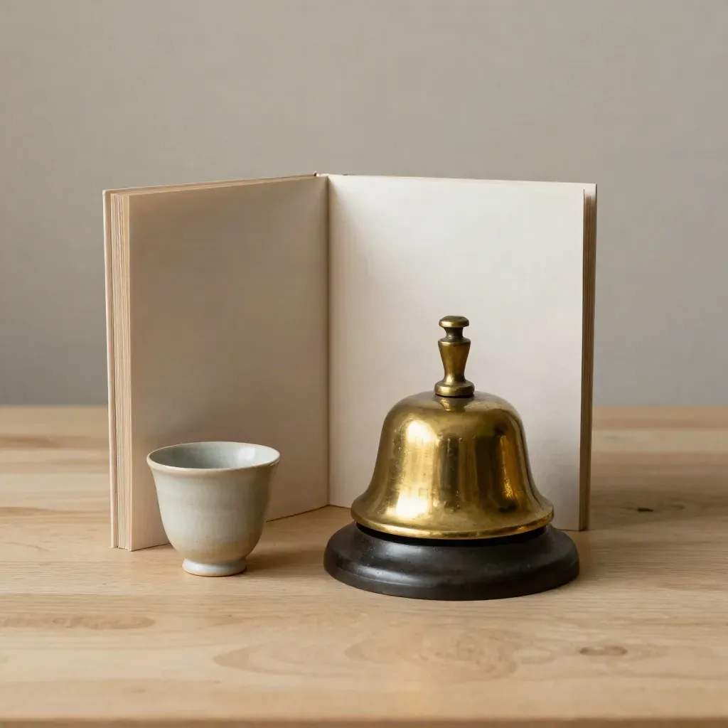 Brass bell, stone-paper folio, ceramic cup, and pale card on pale wood, seen from above.
